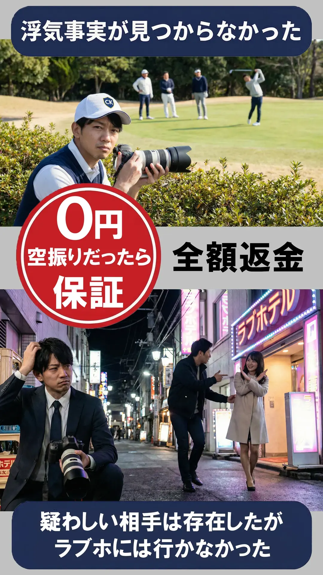 法的な浮気の証拠が撮れなければ0円保証（空振り調査例と成功時のみ定額料金の比較イメージ）