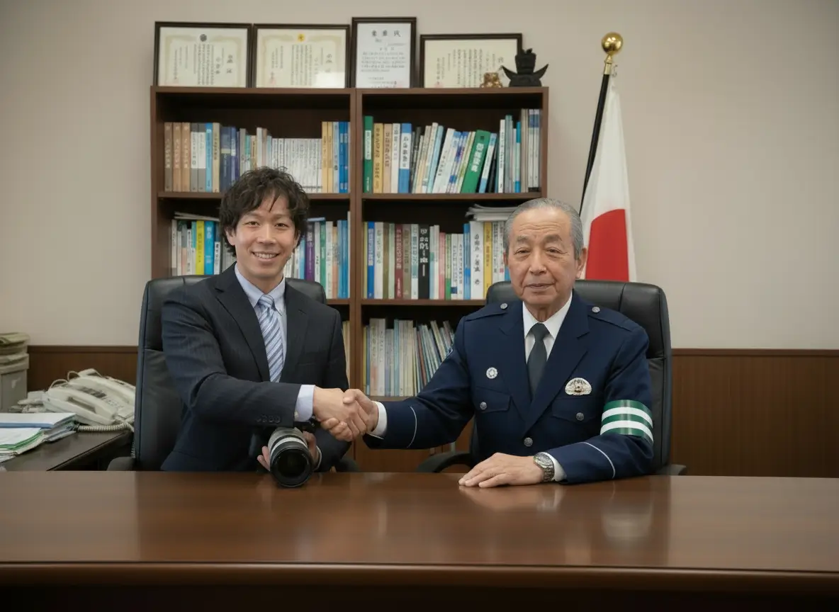 代表と元警察署長の特別顧問が握手