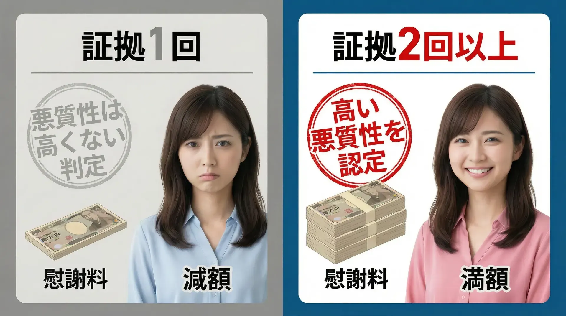 浮気の証拠が1回の場合と2回以上の場合で慰謝料や悪質性の判断がどう変わるかの比較図