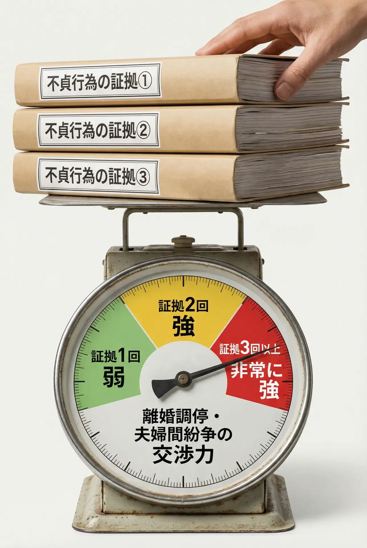 浮気の証拠回数によって慰謝料請求や離婚調停での交渉力がどれだけ変わるかを示した図